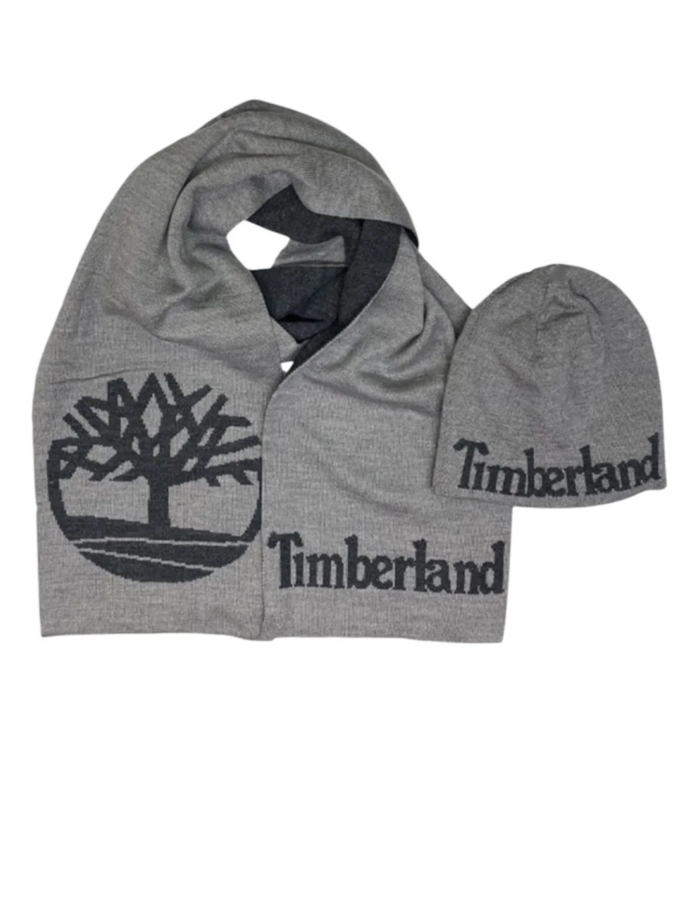 Timberland Men’s Scarf and Beanie Hat Set Gray with Black Name and Logo Print